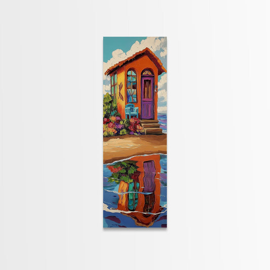 Colorful Cottage, Beach Reflection, Summer Home, Framed Canvas Print, vibrant coastal boho decor, kitchen or bathroom wall art, cheerful escape