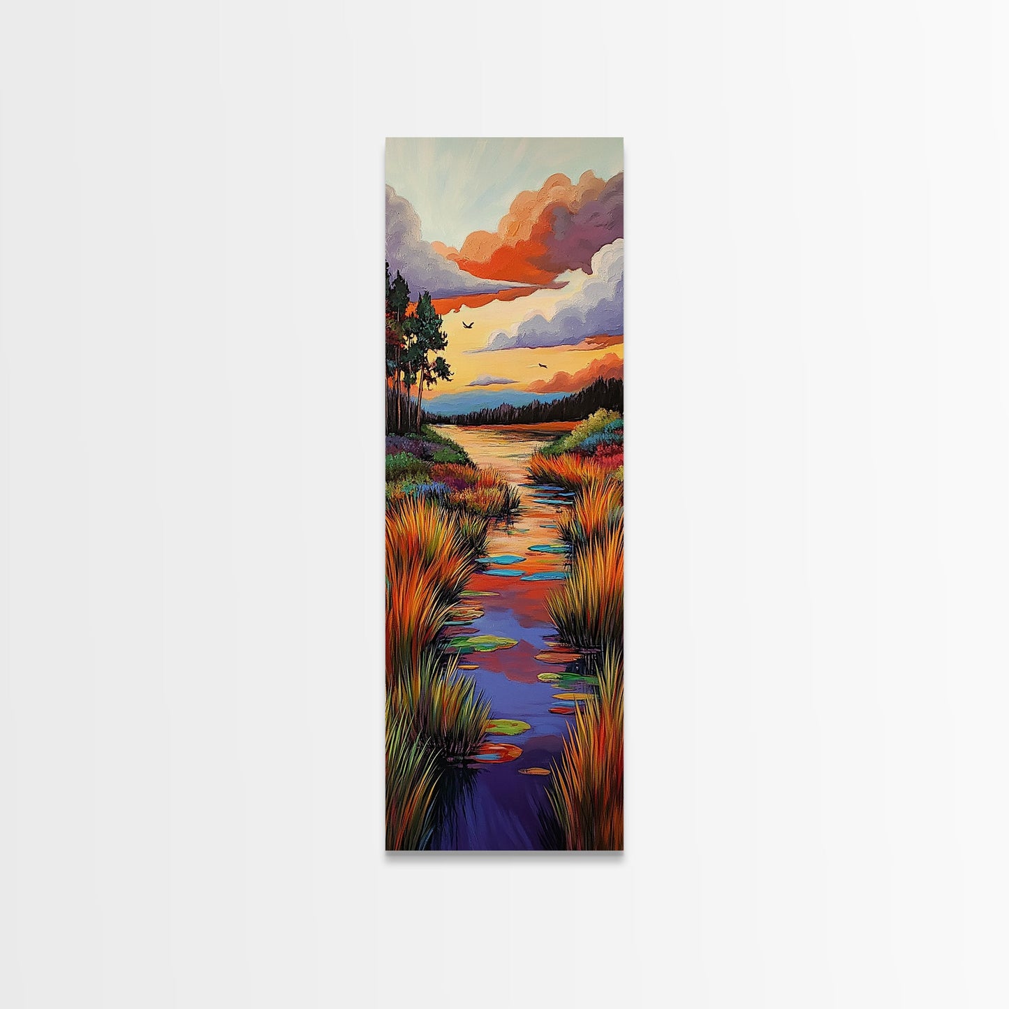 Autumn, River, Sunset, Painting, Framed Canvas Print of colorful river marsh landscape, Fall wall decor, rustic living room boho art