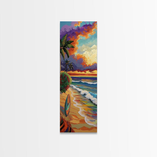 Surf, Board, Ocean, Vibrant, Framed Canvas Print, Bold coastal painting in colorful modern style, great Bathroom Wall Art or Beach Decor