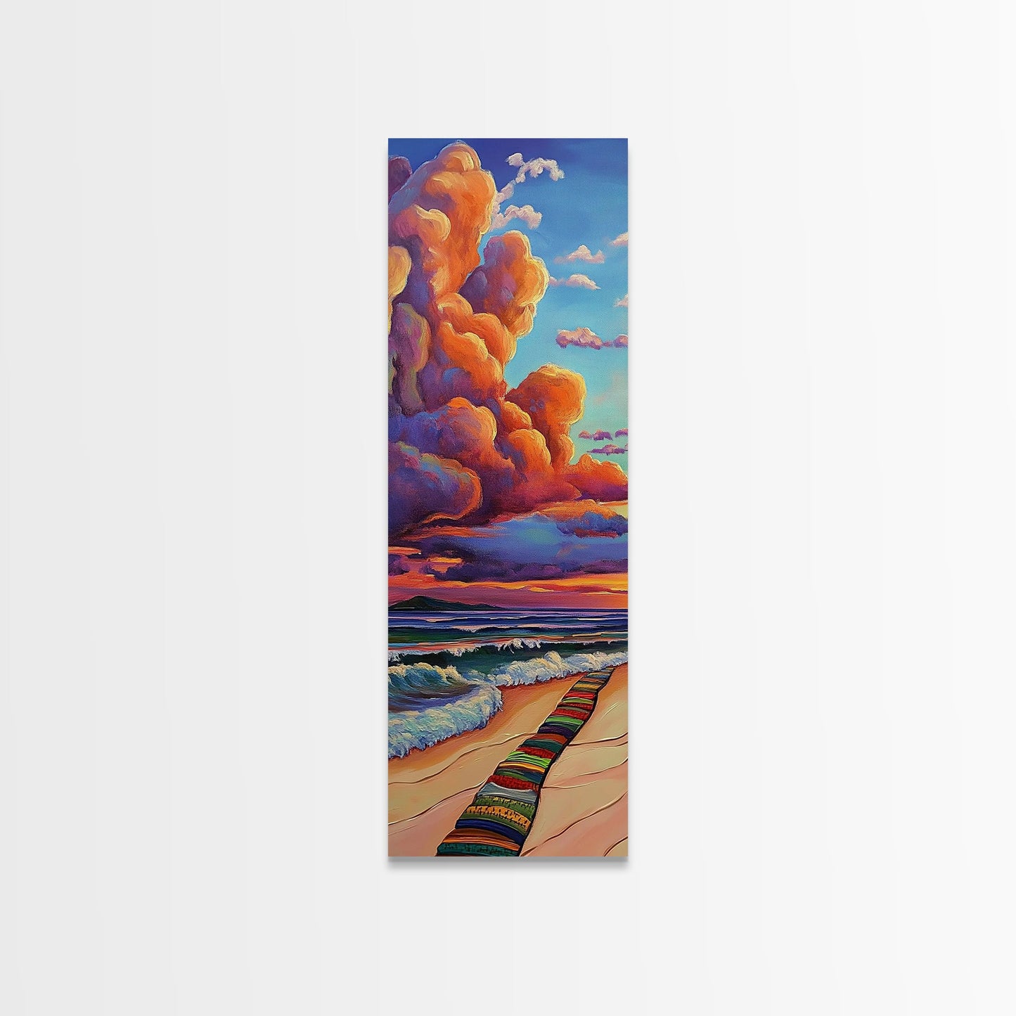 Ocean, Sunset, Blankets, Beach - Framed Canvas Print, Cozy Coastal Wall Art, Warm Sunset Beach Decor, Serene Bedroom, Entryway Accent