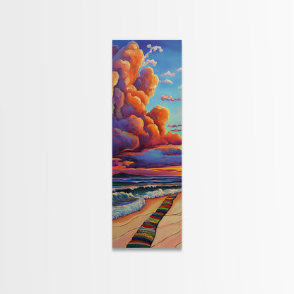 Ocean, Sunset, Blankets, Beach - Framed Canvas Print, Cozy Coastal Wall Art, Warm Sunset Beach Decor, Serene Bedroom, Entryway Accent