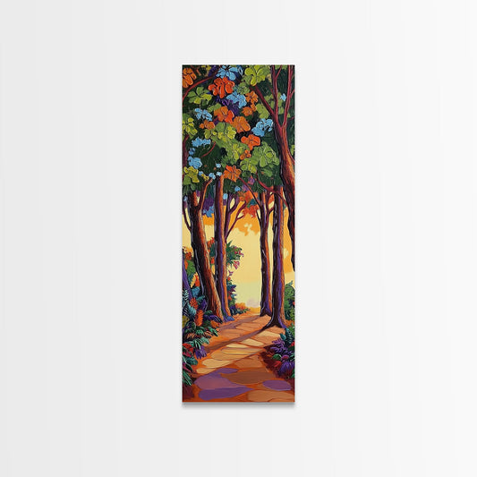 Forest Path, Flowers, Framed Canvas Print, Bright Autumn Wall Art, Whimsical Nature Trail Decor, Colorful Fall Hallway Accent