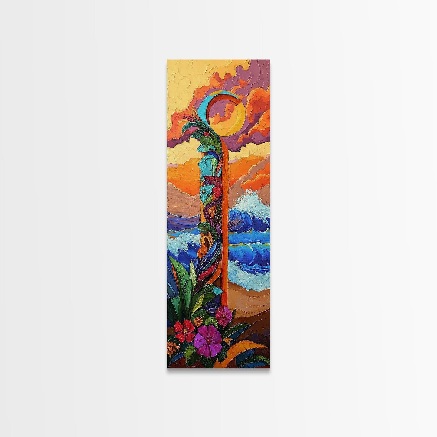 Sunset Waves, Flowers, Canvas Print, Tropical sunset beach painting with waves and floral details, boho decor, hallway wall art