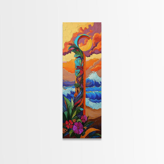 Sunset Waves, Flowers, Canvas Print, Tropical sunset beach painting with waves and floral details, boho decor, hallway wall art