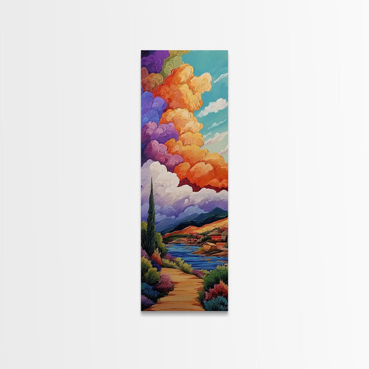 Colorful Sky, Countryside, River - Canvas Print, bold cloudscape painting, vibrant rural art, entryway or hallway wall art, fall decor touch