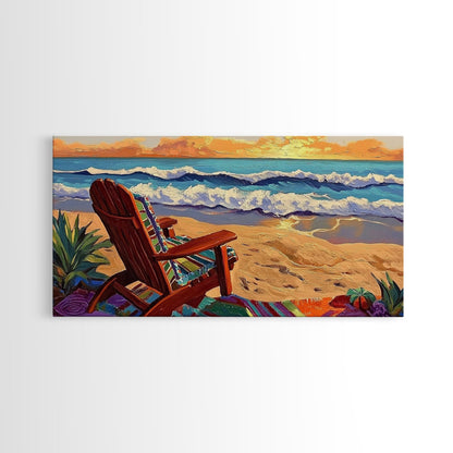 Chair Ocean, Sunset, Framed Canvas Print, Tranquil Beach Chair Painting, Relaxing Seaside Wall Decor, Zen Office Artwork
