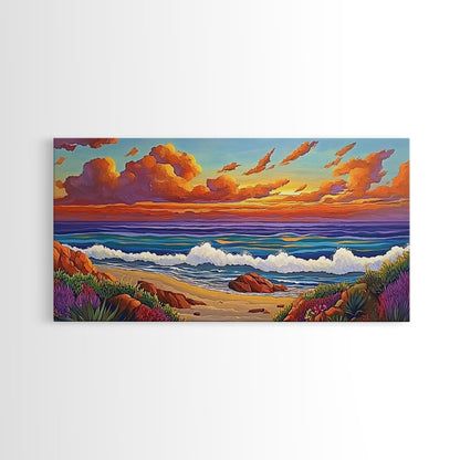 Beach Sunset, Waves, Pastel, Canvas Print, Seaside Landscape Art, Coastal Home Wall Decor, Serene Living Room Accent
