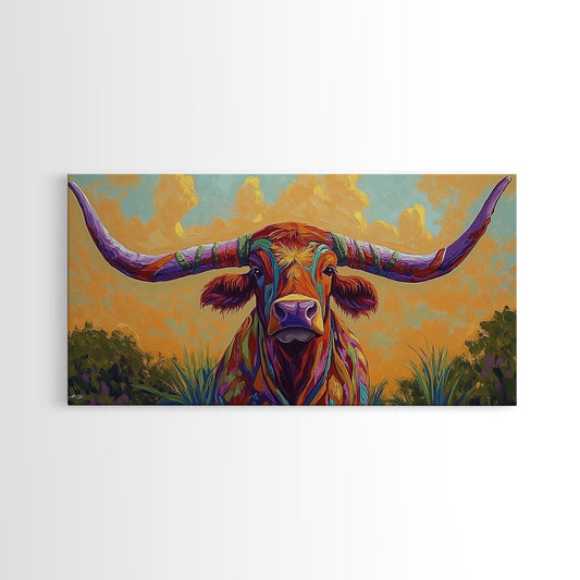 Colorful Longhorn, Wall, Art, Framed Canvas Print rustic western decor, modern farmhouse art, bold animal wall art, living room art