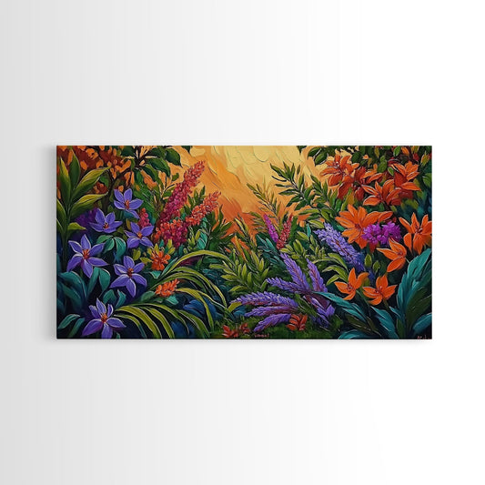 Botanical Jungle, Wildflowers, Painting, Framed Canvas Print vibrant floral bedroom art, colorful garden decor, kitchen wall art