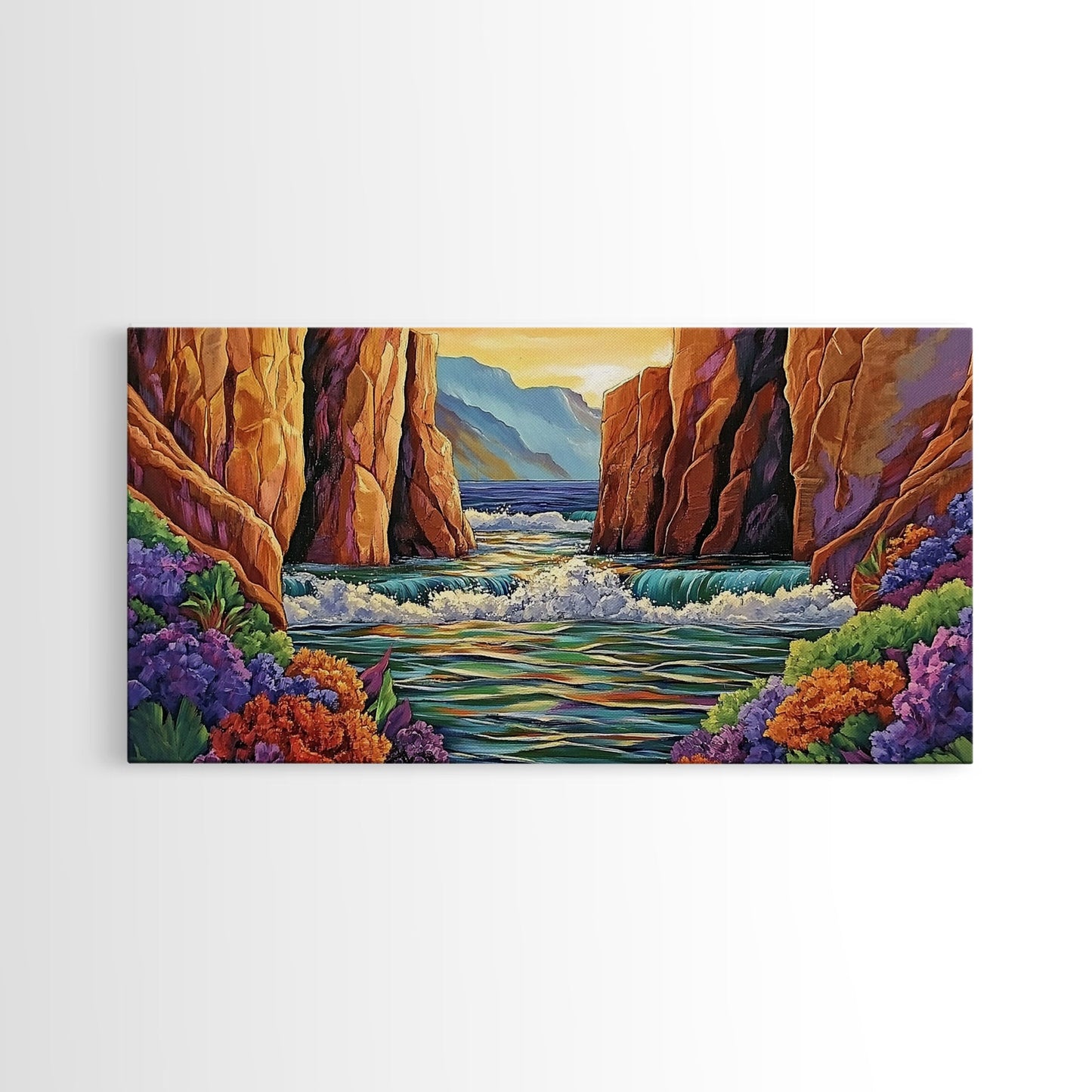 Canyon Cliffs, Ocean View, Sunset Water, Framed Canvas Print, Vibrant Landscape Wall Art, Office or Entryway Nature Decor