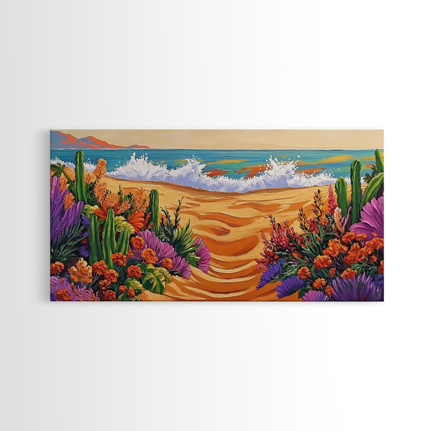 Beach Floral, Sunset, Cactus, Vibrant Desert Coastal Pathway Canvas Print, Entryway Wall Art, Boho Style Art, Tropical Beach Wall Decor