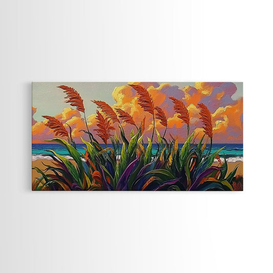 Coastal Sunset, Grasses, Canvas Print, Autumn Beach Landscape Art, Boho Living Room Wall Decor, Colorful Nature Painting