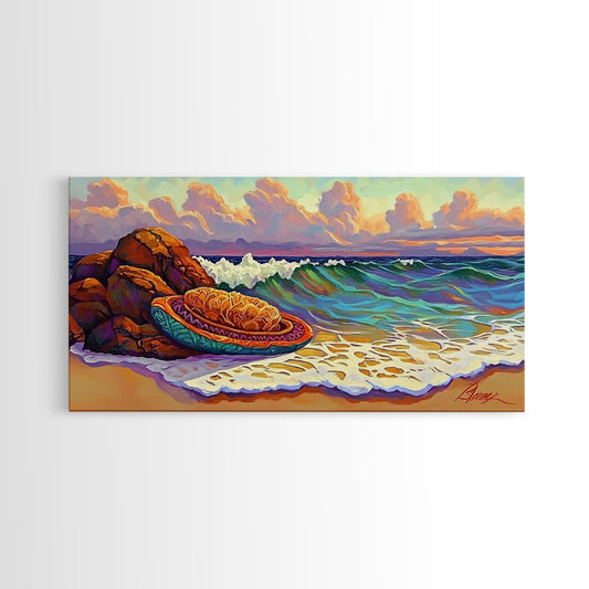 Conchas Beach, Sunset, Waves, Canvas Print, Mexican sweet bread art, kitchen wall decor, colorful bakery art, beach wall painting