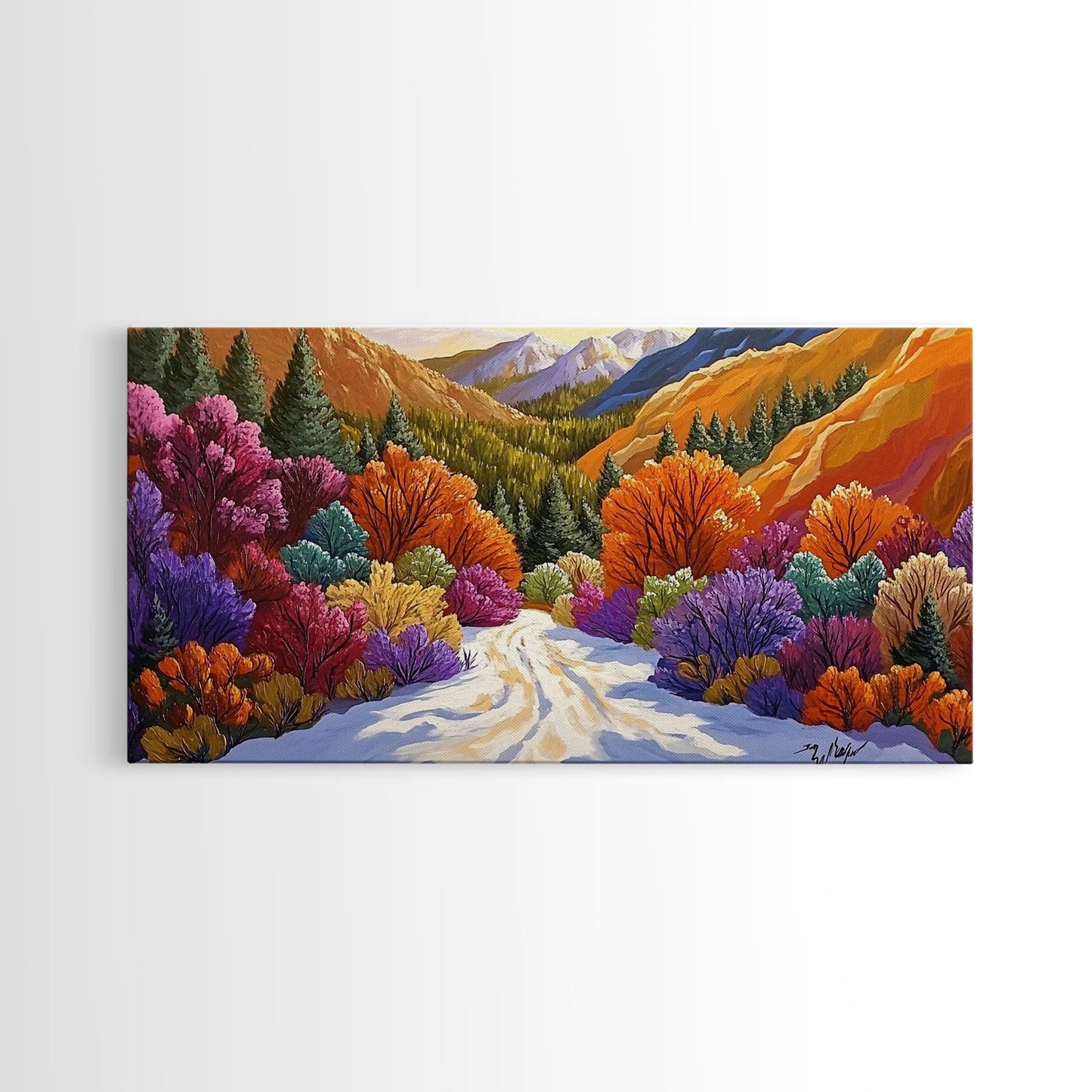 Autumn Forest, Snow, Trail, Canvas Print, Fall landscape painting, cabin wall decor, cozy mountain art, vibrant rustic hallway print