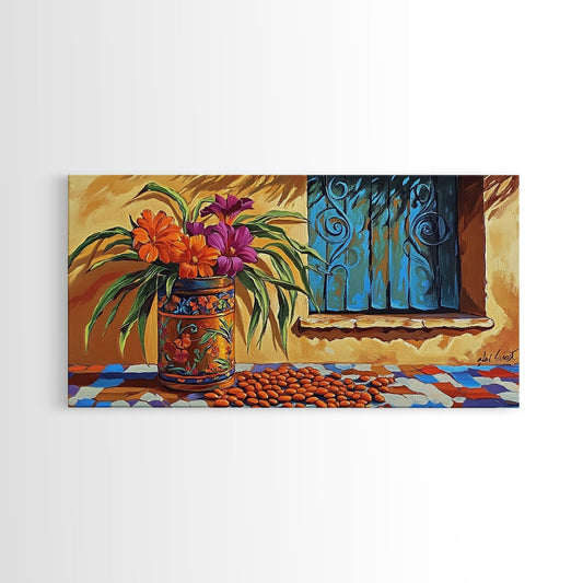 Flowers Pottery, Window, Still Life, Canvas Print, vibrant floral still life wall art, Mexican pottery, rustic kitchen décor