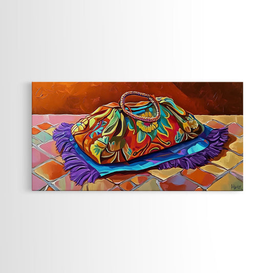 Bag Pattern, Textile, Color, Canvas Print, colorful woven bag painting, vivid tile floor, Mexican textile wall art, boho fashion décor