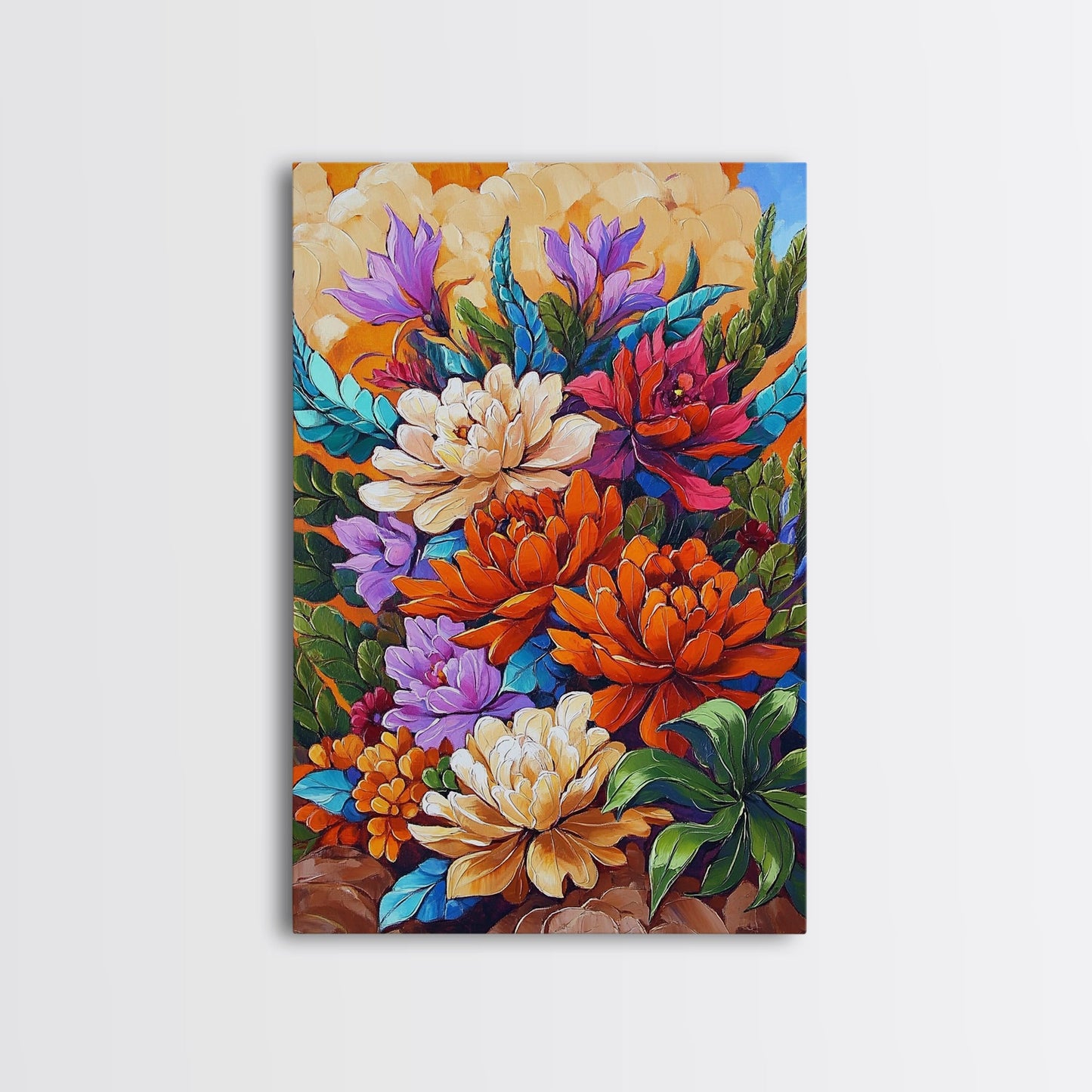 Floral Boho, Bright, Fall, Canvas Print vibrant flower bouquet wall art, fall floral wall decor, dining room print, bohemian art gift