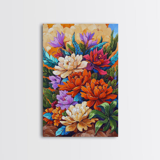 Floral Boho, Bright, Fall, Canvas Print vibrant flower bouquet wall art, fall floral wall decor, dining room print, bohemian art gift