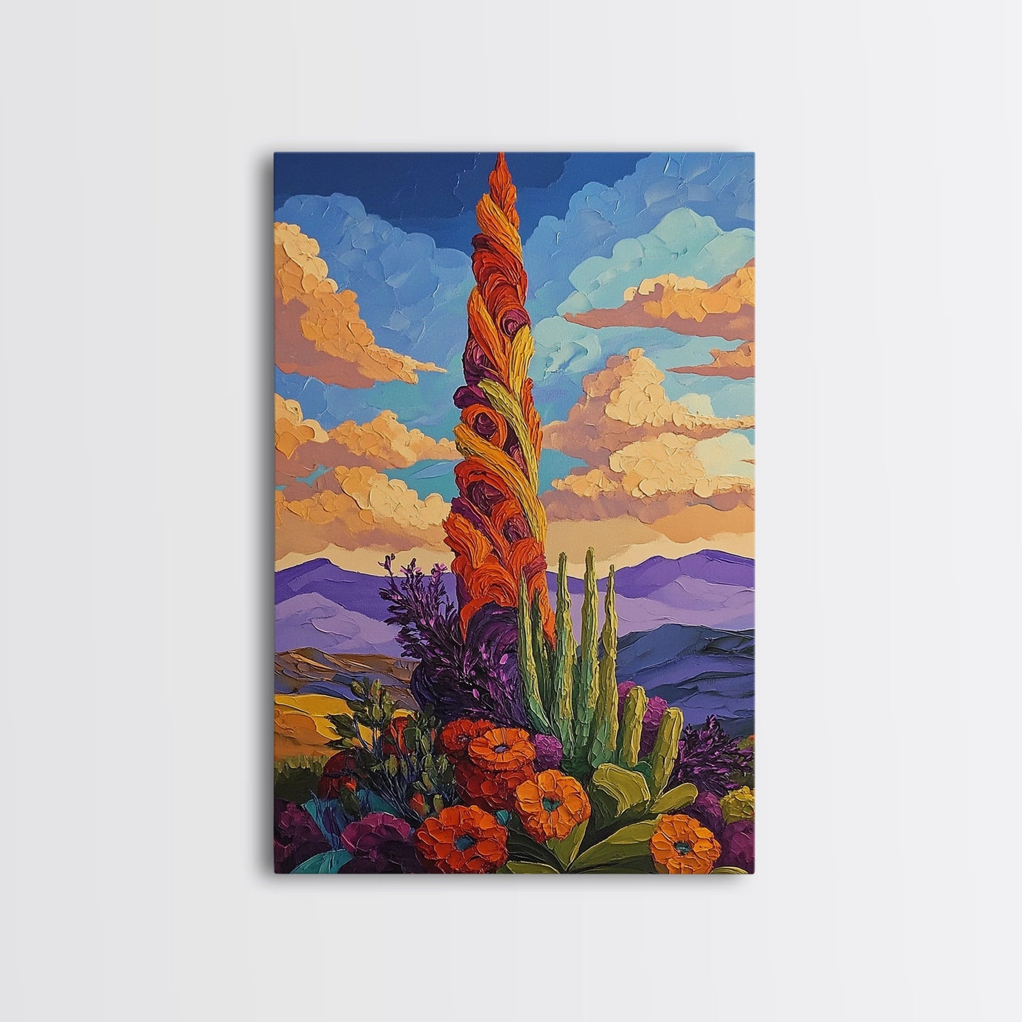 Cactus Bloom, Sunset, Desert, Canvas Print southwest desert flower art, blooming cactus painting, bright desert landscape, office decor