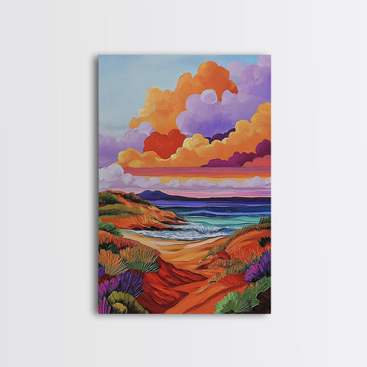 Coastal Sunset, Path, Beach, Canvas Print, Vibrant beach wall art, colorful clouds, ocean decor, boho art, Bedroom or Bathroom Wall Art