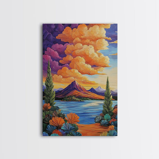Mountain Lake, Cloudscape, Reflection, Framed Canvas Print, Bold sunset wall art, vibrant color landscape, Cabin or Living Room Wall Art