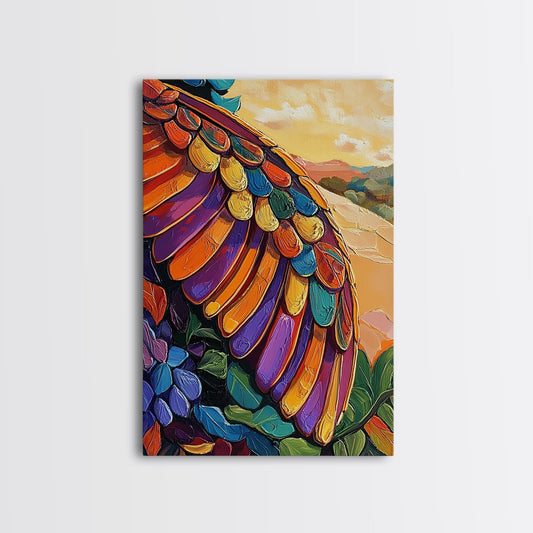 Feathers Wings, Colorful, Detail, Canvas Print, Vibrant feather art, abstract nature closeup, Fall decor, Living Room or Studio Wall Art