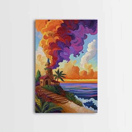 Lighthouse Sunset, Tropical, Path, Canvas Print, Colorful coastal home décor, beach house art, tropical living room wall painting