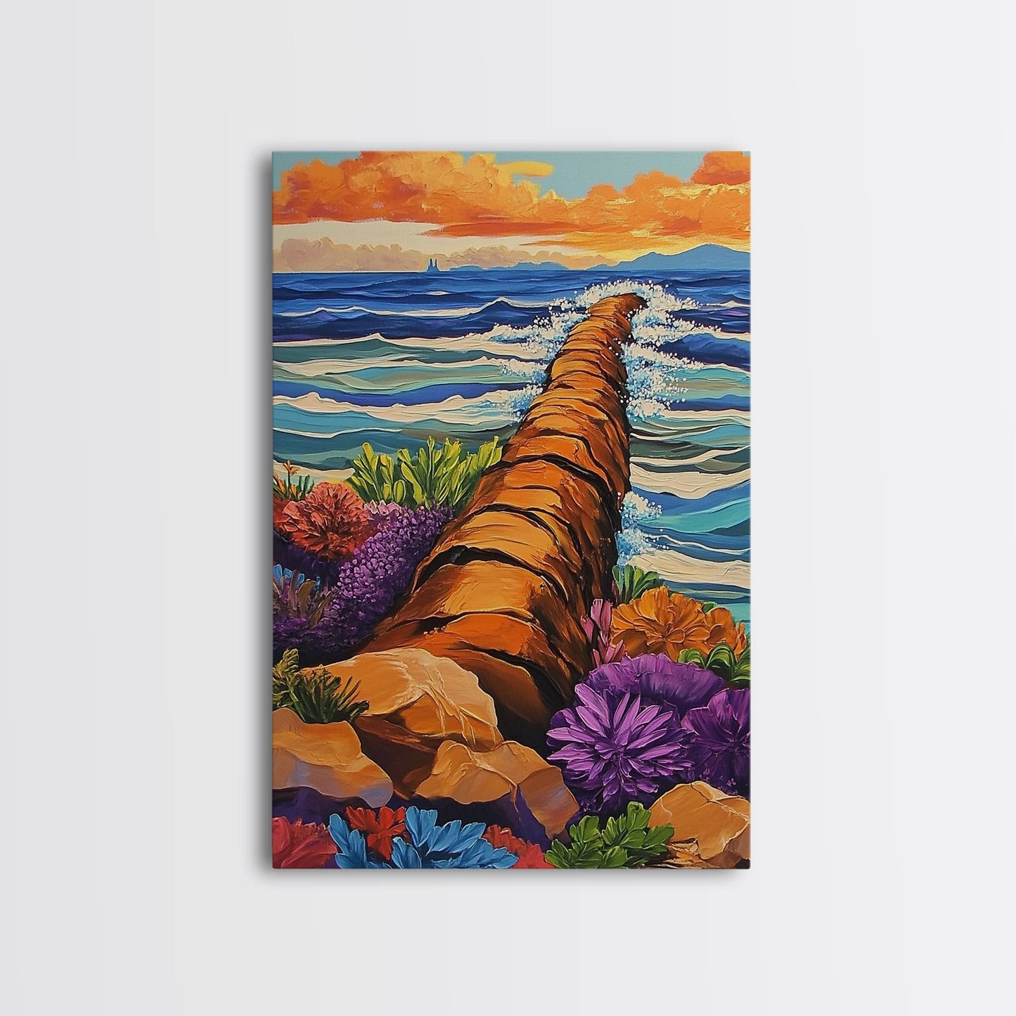 Ocean Path, Wildflowers, Shoreline, Framed Canvas Print coastal path wall art, ocean wildflower painting, beach garden style, hallway decor