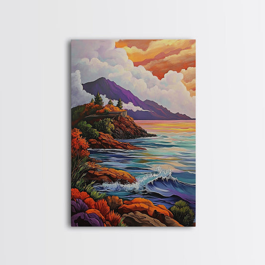 Cliffs Waves, Mountains, Autumn, Framed Canvas Print, coastal cliffs wall art, crashing waves painting, Autumn landscape, living room decor
