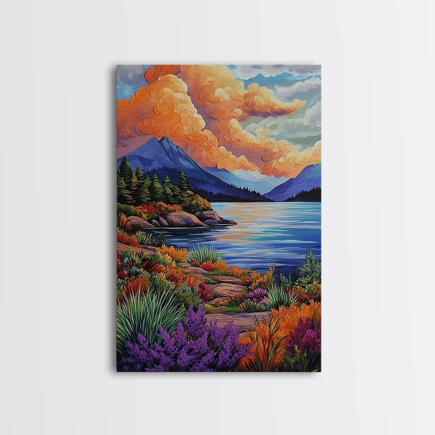 Lake Mountains, Sunset, Autumn, Framed Canvas Print serene mountain lake sunset wall art, vibrant Autumn landscape canvas, cozy cabin decor