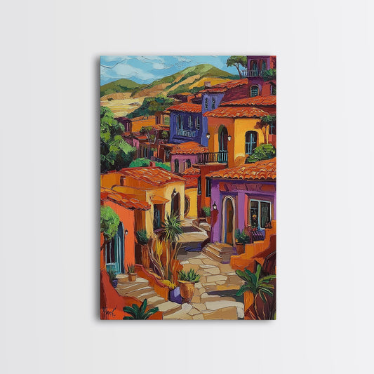 Village Warm Colorful, Spanish, Framed Canvas Print colorful village scene, rustic Mediterranean decor, patio wall art, boho sunset print