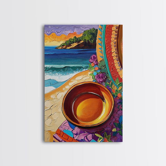 Beach Bowl, Sunset, Framed Canvas Print, Coastal Kitchen Wall Art, Vibrant Beach Scene, Colorful Rustic Decor, Dining Room Artwork