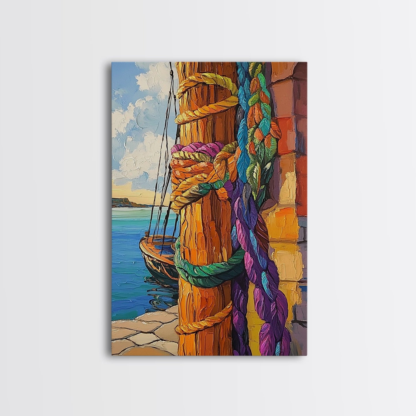 Boat Dock, Ropes, Framed Canvas Print, Nautical Coastal Wall Art, Vibrant Marina Scene, Boho Seaside Decor, Bathroom art, Office Wall Art