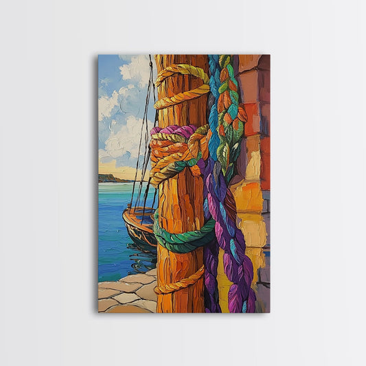 Boat Dock, Ropes, Framed Canvas Print, Nautical Coastal Wall Art, Vibrant Marina Scene, Boho Seaside Decor, Bathroom art, Office Wall Art