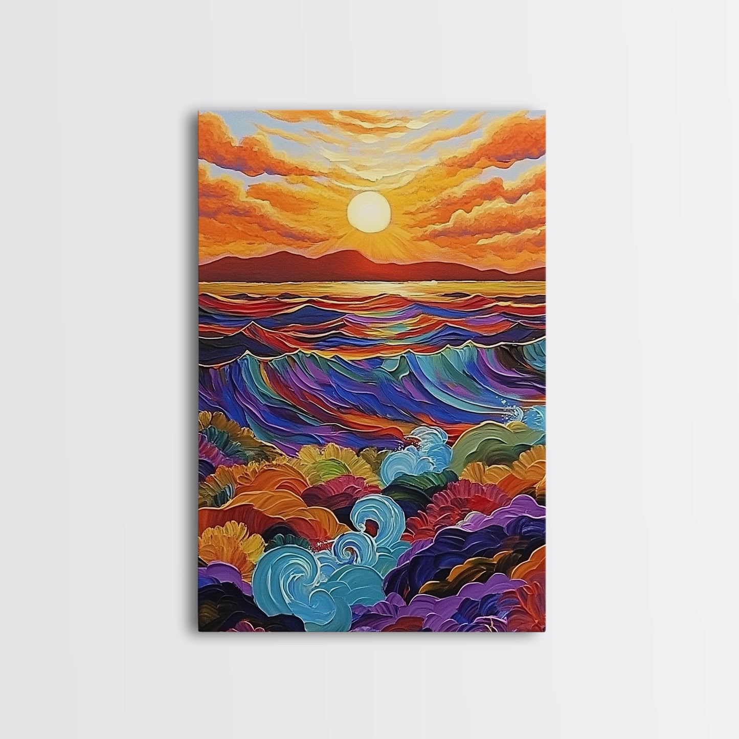 Sunset Ocean, Waves, Framed Canvas Print, Vibrant Abstract Seascape Wall Art, Colorful Ocean Decor, Living Room Statement Art
