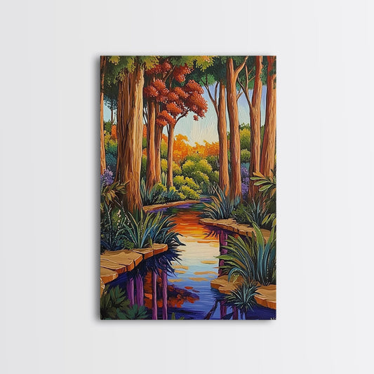 Forest Creek, Autumn, Framed Canvas Print, Tranquil Fall Landscape Wall Art, Vibrant Nature Decor, Woodland Boho Style, Bedroom Wall Art