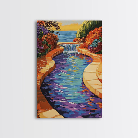 Pool Garden, Oasis, Sunset, Framed Canvas Print vibrant patio wall art, tropical courtyard landscape, kitchen art, sunroom boho decor