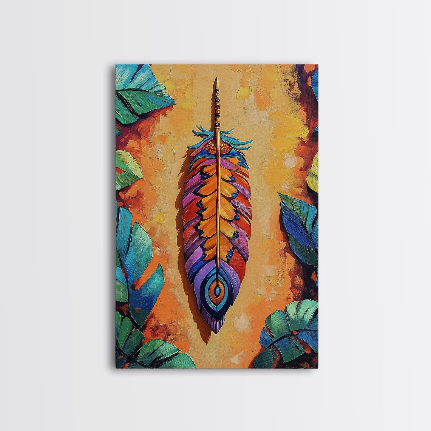 Bold Feather, Boho, Tropical, Colorful Framed Canvas Print, Eclectic Bedroom Wall Art, Boho Style Decor, Vibrant Southwest Wall Hanging