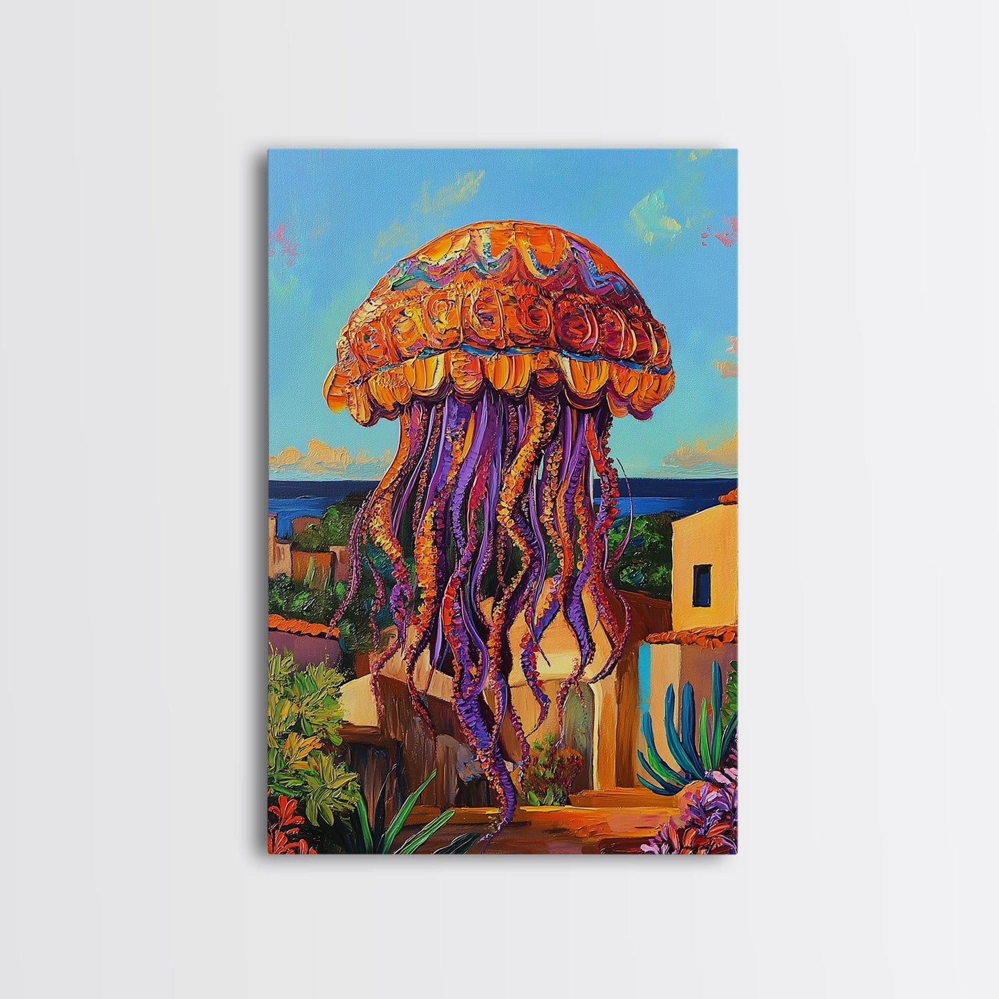 Jellyfish Surreal, Ocean, Dreamy Framed Canvas Print, Coastal Living Room Wall Art, Fantasy Sea Creature Art, Bright Tropical Decor