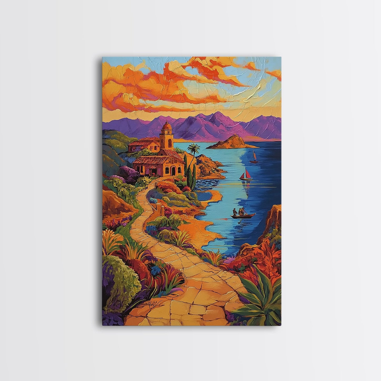 Coastal Village, Pathway, Sunset, Framed Canvas Print, Mediterranean coastal art, colorful landscape painting, boho living room wall decor