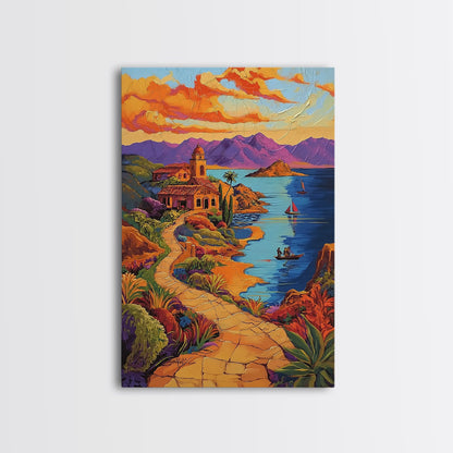 Coastal Village, Pathway, Sunset, Framed Canvas Print, Mediterranean coastal art, colorful landscape painting, boho living room wall decor