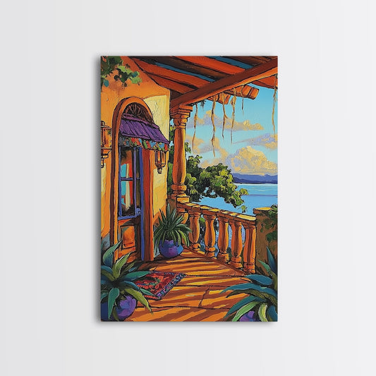 Porch Lake, Peaceful, View, Framed Canvas Print, relaxing patio art, summer lake view, rustic porch decor, Mediterranean vibes painting