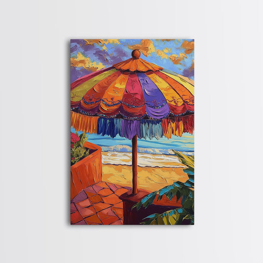 Beach Umbrella, Sunset, Framed Canvas Print, Tropical boho art, patio decor, summer beach vibe, colorful wall art, sunroom accent piece