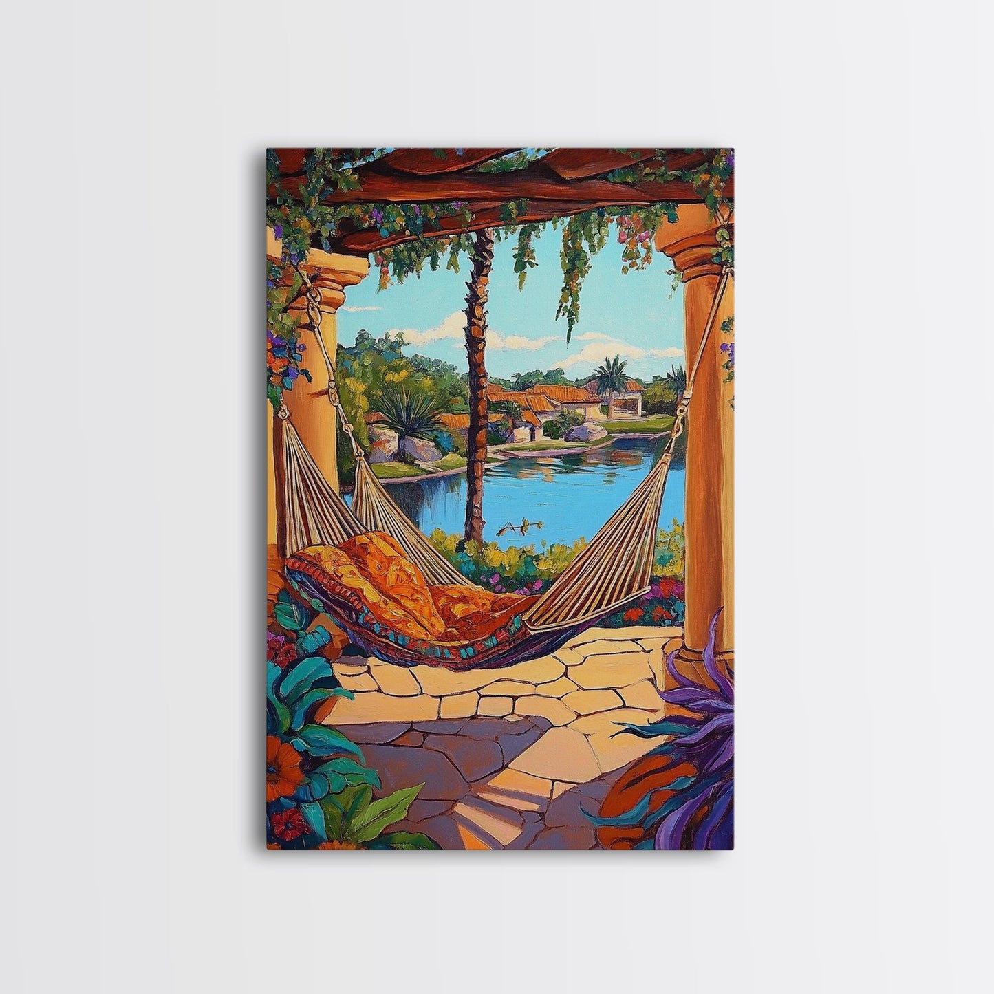 Hammock Patio, Relax, Lake, Framed Canvas Print, bohemian outdoor decor, tropical vacation art, summer patio vibe, living room wall art