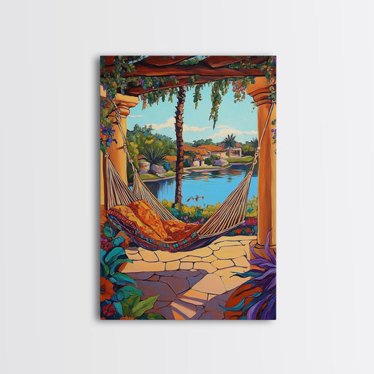 Hammock Patio, Relax, Lake, Framed Canvas Print, bohemian outdoor decor, tropical vacation art, summer patio vibe, living room wall art