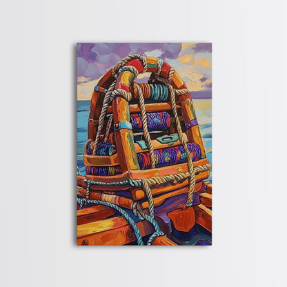 Rope Dock Sunset, Nautical, Framed Canvas Print, Nautical Rope Dockside Art, Sunset Painting, Coastal Seaside Wall Decor, Living Room Decor