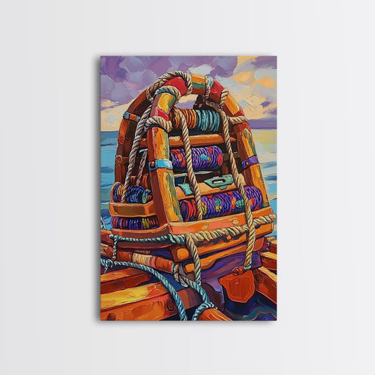 Rope Dock Sunset, Nautical, Framed Canvas Print, Nautical Rope Dockside Art, Sunset Painting, Coastal Seaside Wall Decor, Living Room Decor