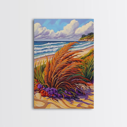 Ocean Dune, Grass, Coastal Beach Landscape Wall Decor, Nature Lover Gift, Living Room Wall Art, Boho Style Framed Canvas Print