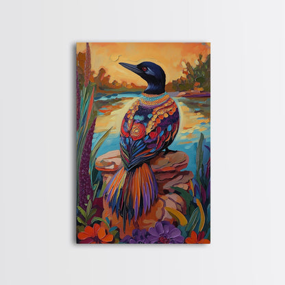 Jewel Loon, Sunset, Vibrant Bird Wall Art, Nature Wildlife Decor, Eclectic Home Accent, Living Room Boho Framed Canvas Print