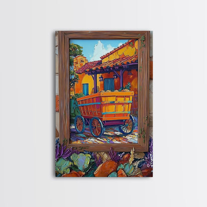 Rustic Wagon, Village, Colorful House Framed Canvas Print, Southwest Home Decor, Farmhouse Kitchen Wall Art, Mexican Art Style